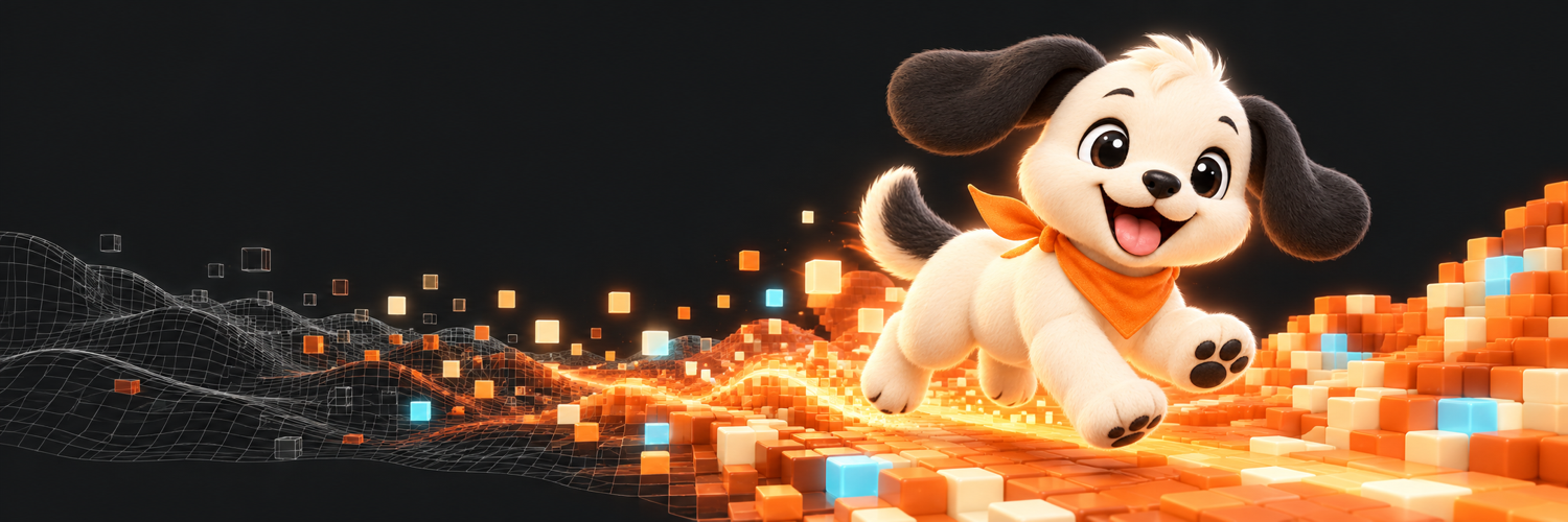 Rover, a cream puppy with dark floppy ears and an orange bandana, races through a world forming from floating tiles and wireframes.